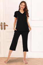V-Neck Short Sleeve Top and Pants Lounge Set - Ladyez