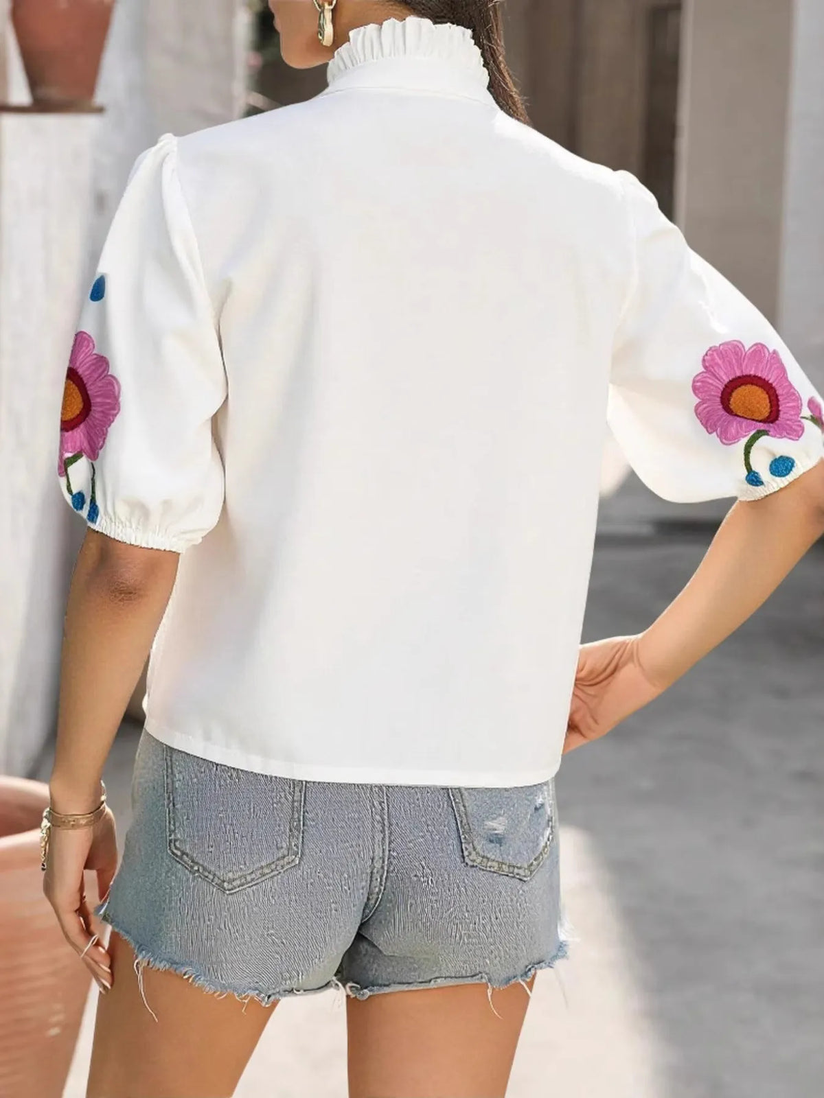 Floral Print Notched Puff Sleeve Blouse - Ladyez
