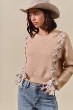 SO ME Checkered Plaid Tape Lace Up Ribbed Sweater