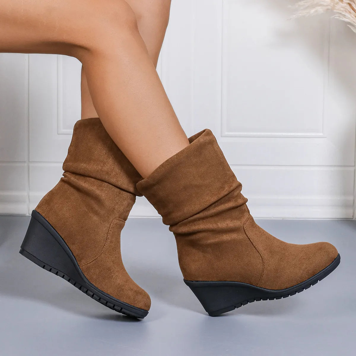 Round Toe Wedge Boots - Ladyez