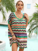 Angel Wings Rainbow Stripe Scalloped V-Neck Cover-Up Dress - Ladyez