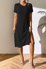 Ivy Lane Ribbed Asymmetrical Neck Short Sleeve Dress - Ladyez
