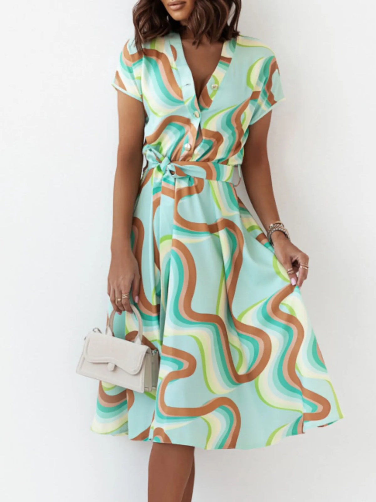 Printed Button Front Midi Dress with Belt