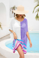 Contrast Scoop Neck Openwork Half Sleeve Cover Up - Ladyez