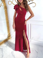 Cutout One Shoulder Ruffle Split Dress - Ladyez