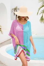 Contrast Scoop Neck Openwork Half Sleeve Cover Up - Ladyez