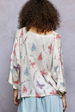 POL Butterflies Pattern Round Neck knit Top with Outseam Rolling Edge