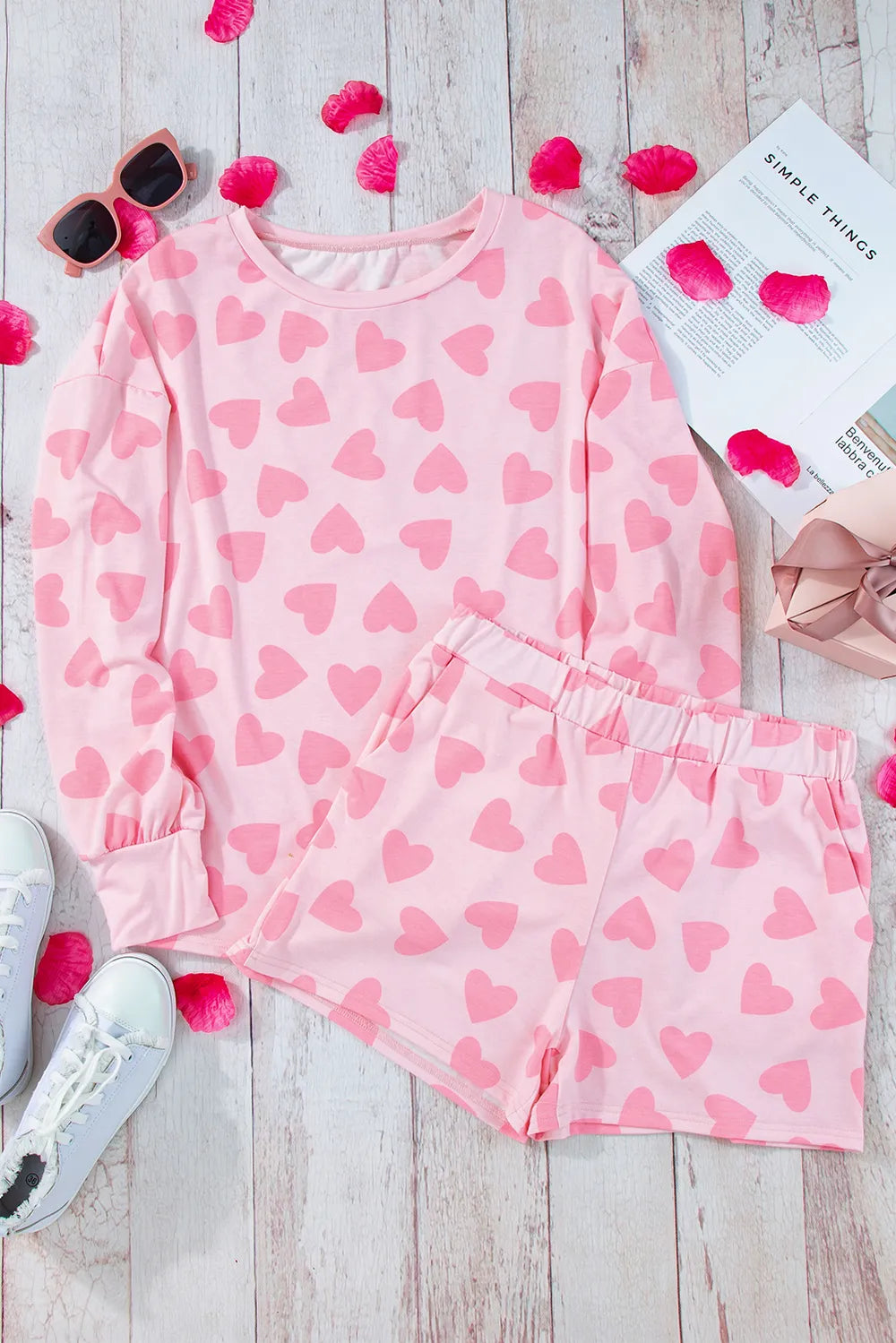 Heart Print Long Sleeve Top and Shorts Lounge Set - Ladyez