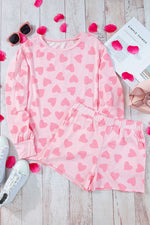 Heart Print Long Sleeve Top and Shorts Lounge Set - Ladyez