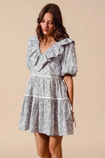 SO ME Cotton Printed Ruffle V Neckline Dress with Side Tie