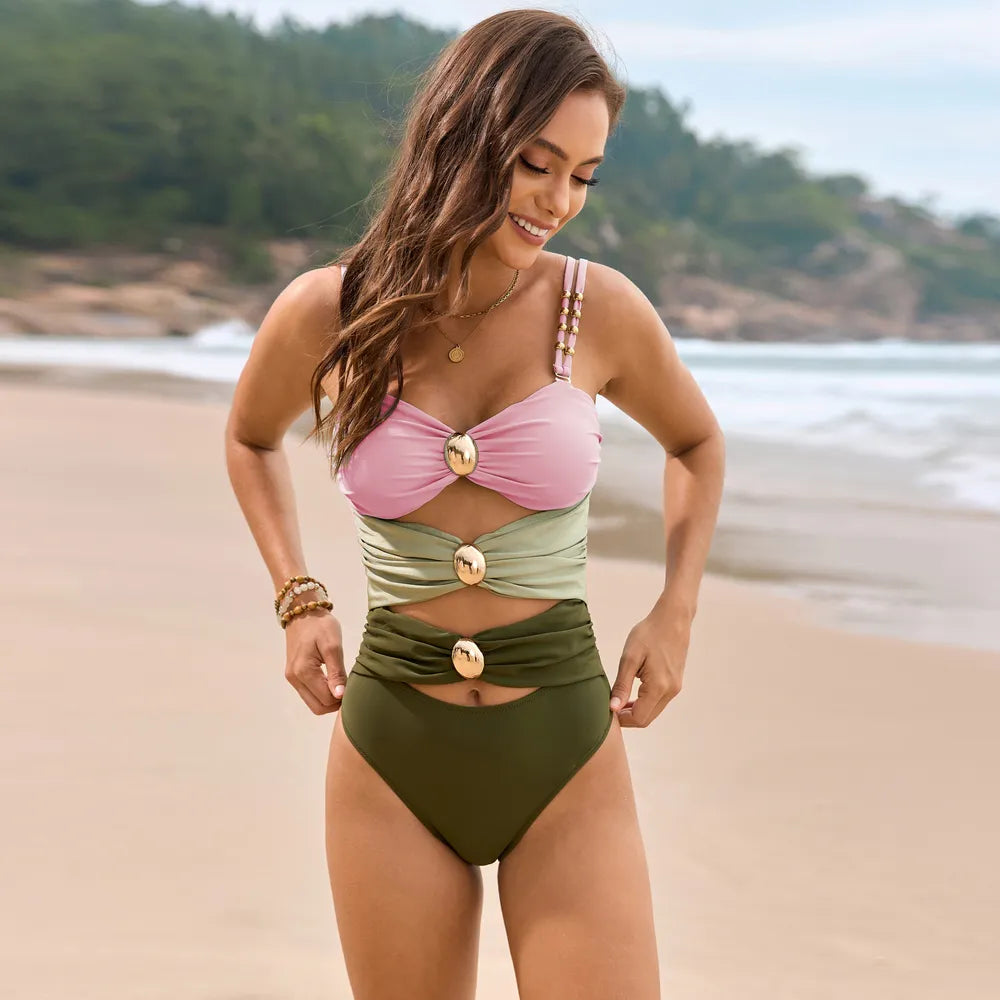 Color Block Sweetheart Neck One-Piece Swimwear - Ladyez