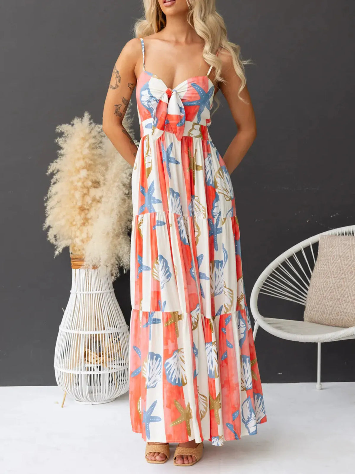 Printed Spaghetti Strap Maxi Dress with Pockets - Ladyez