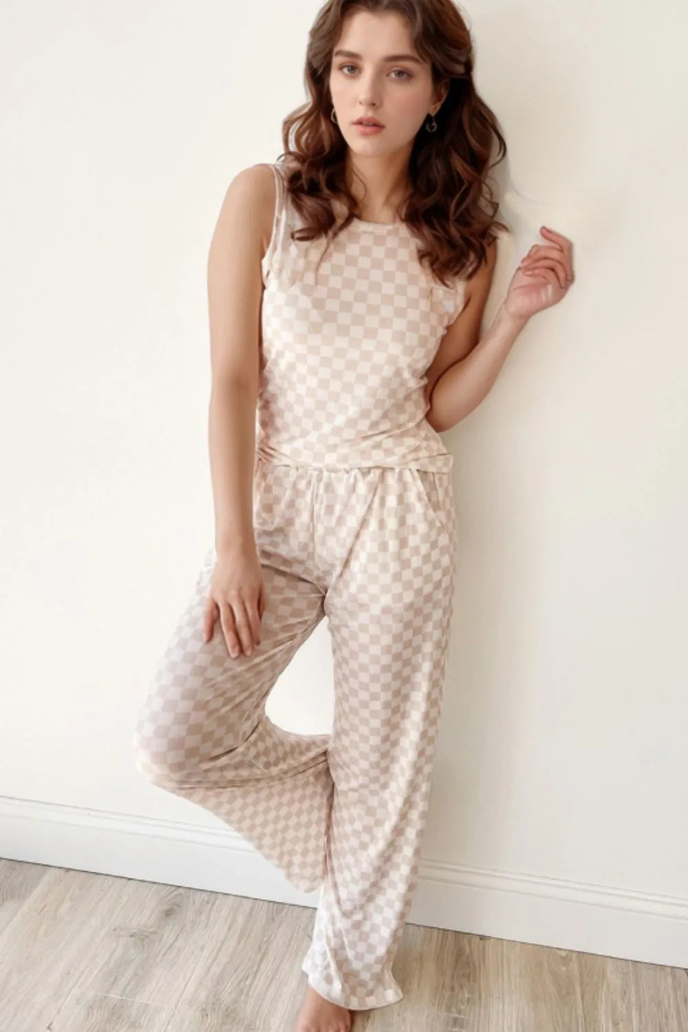 Ribbed Texture Checkered Print Tank and Pants Set - Ladyez