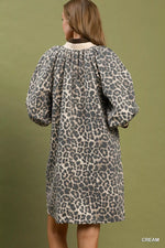 Umgee Leopard Print Quarter Zip Puff Sleeve Mini Dress