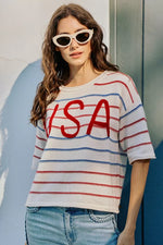 SO ME Usa Stripe Knit Short Sleeves Sweater Top
