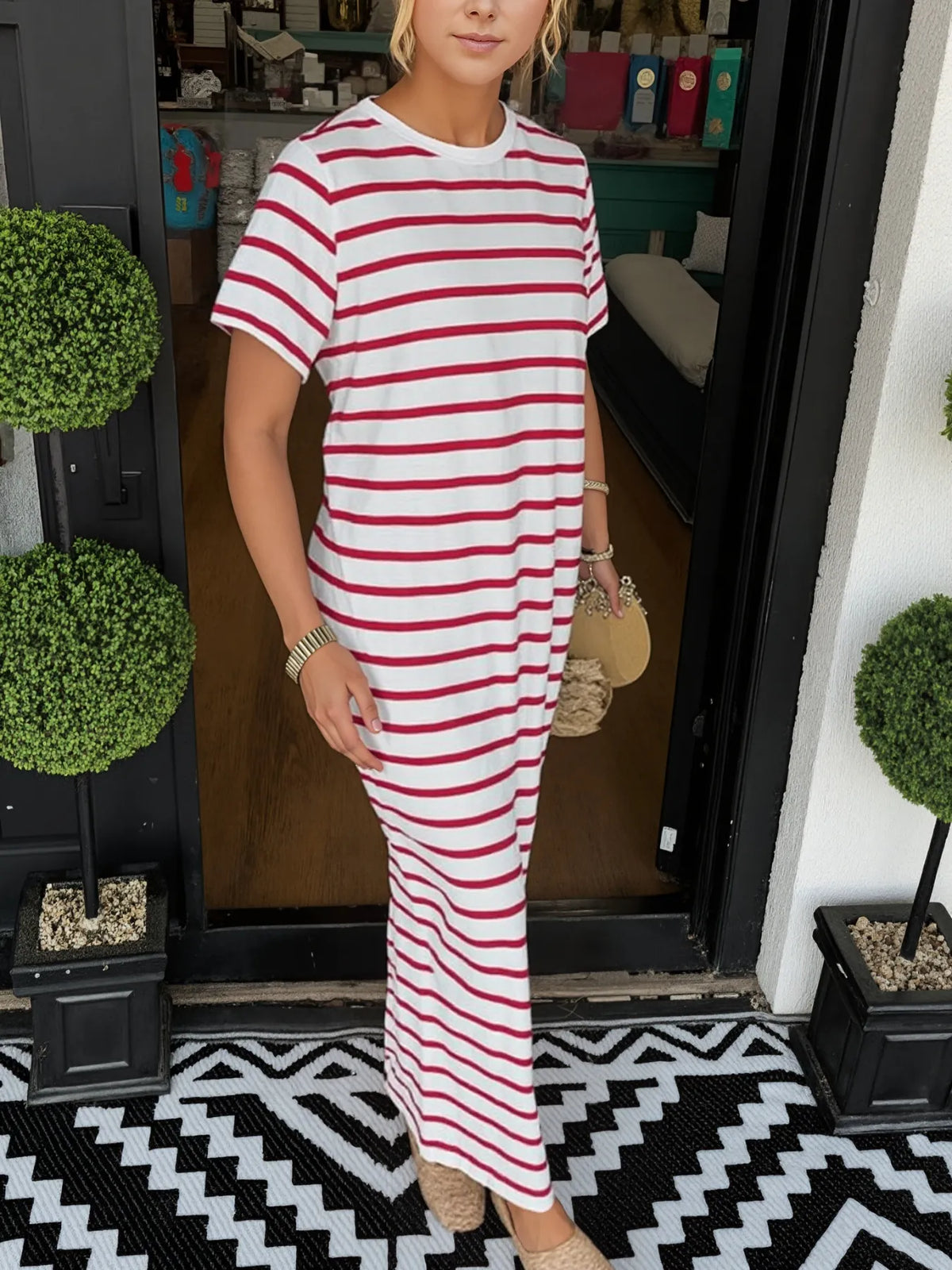 Full Size Striped T-Shirt Maxi Dress with Side Slit Plus Size - Ladyez