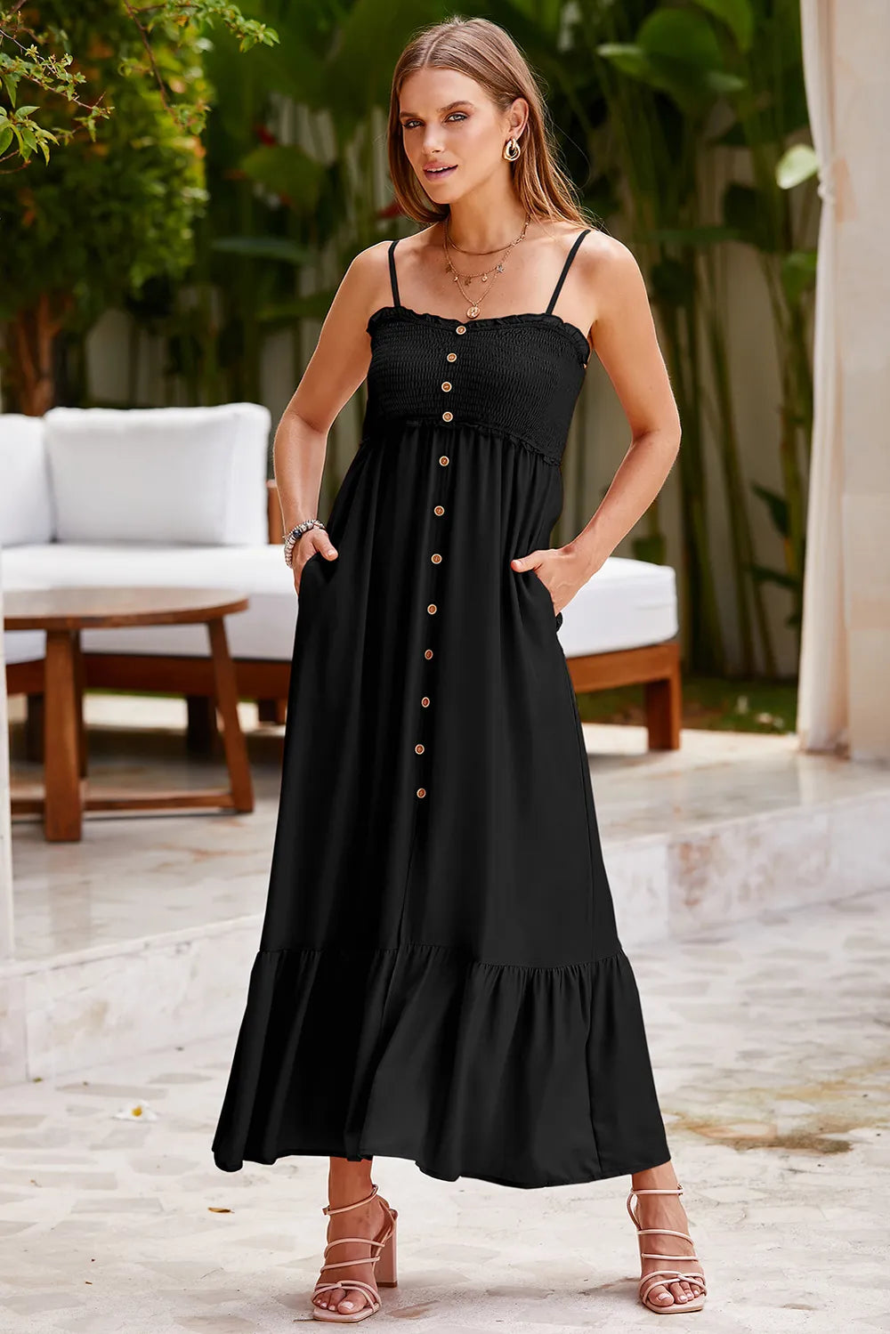 Smocked Spaghetti Strap Ruffle Hem Dress - Ladyez