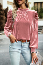 Tie Up Mock Neck Velvet Fabric Long Sleeve Blouse - Ladyez