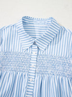 Stripe Shirred Detail Half Placket Collared Long Sleeve Shirt