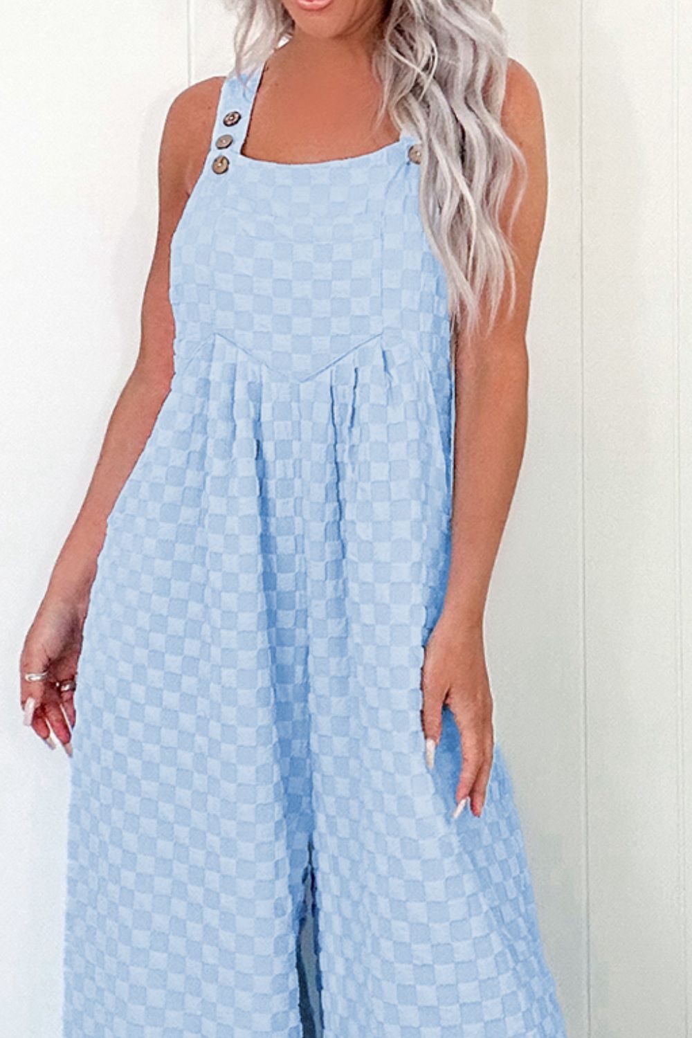 Checkered Pocketed Wide Leg Overalls - Ladyez