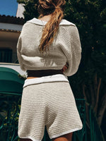 Collared Neck Contrast Striped Top and Shorts Sweater Set