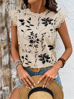 Lace Detail Printed Cap Sleeve Blouse