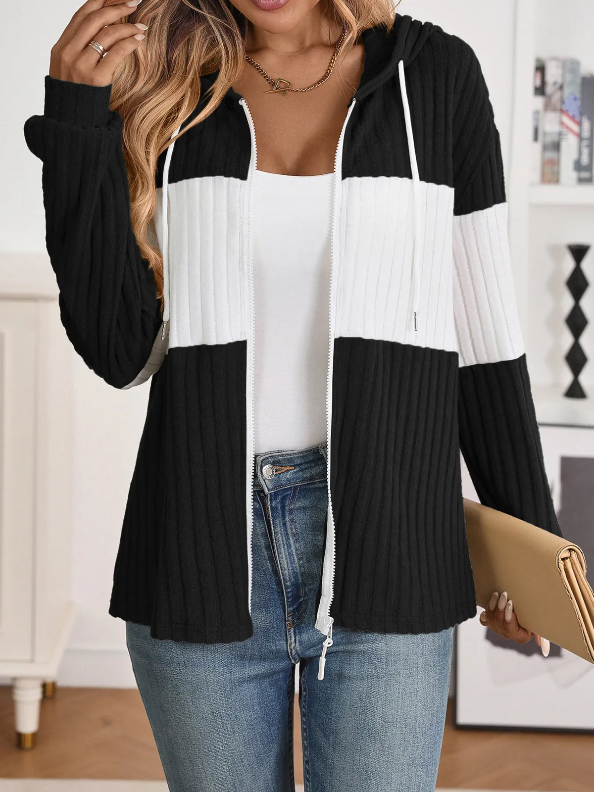 Drawstring Color Block Zip Up Outerwear