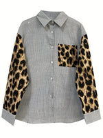 Leopard Print Sleeve Striped Button-Down Shirt