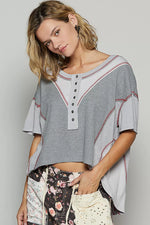 POL Round Neck Short Sleeve Contrast Stitching Top with Back Strap Detail
