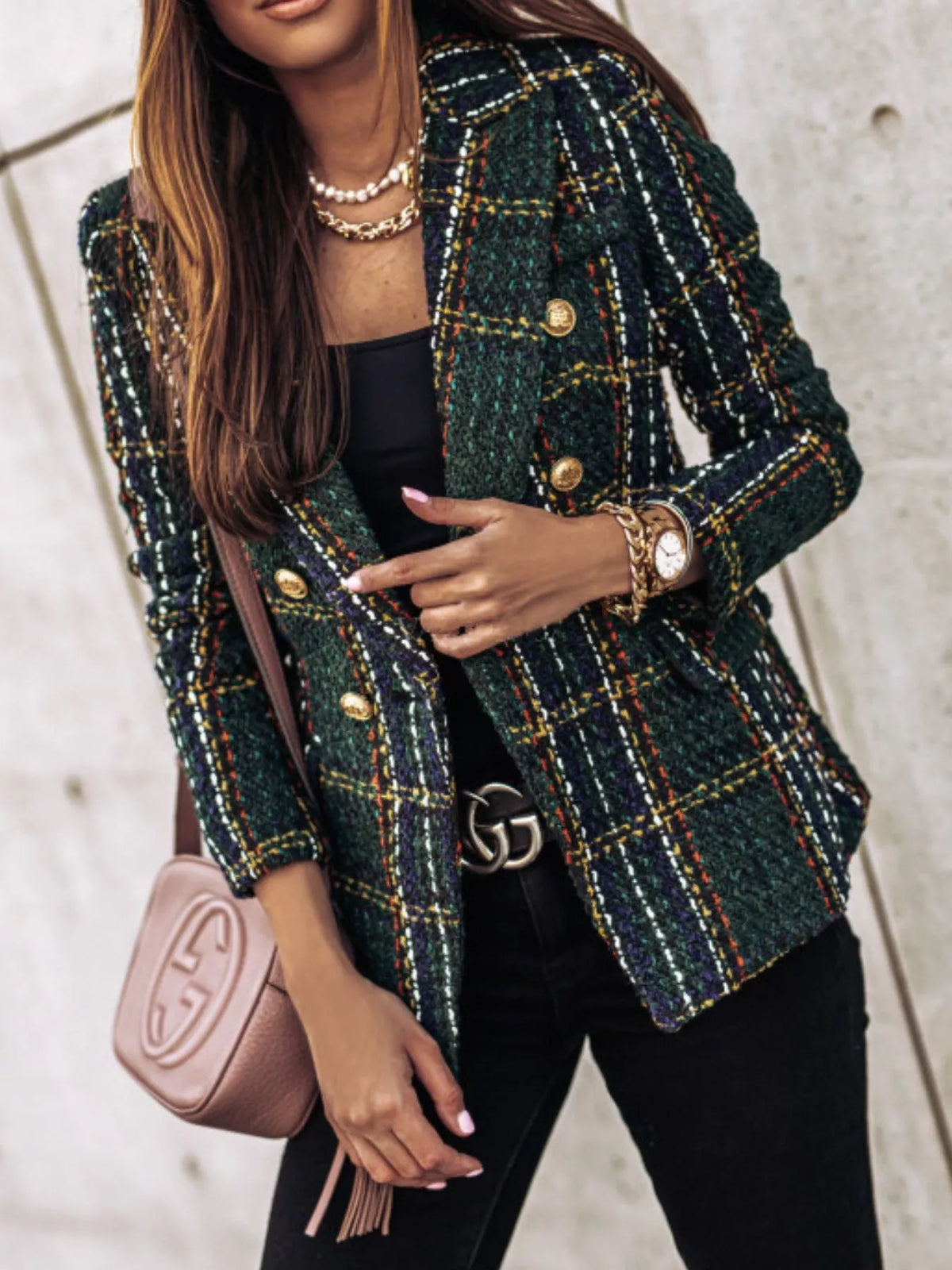 Full Size Plaid Tweed Double-Breasted Blazer Plus Size
