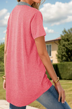 Full Size Half Button Short Sleeve T-Shirt - Ladyez