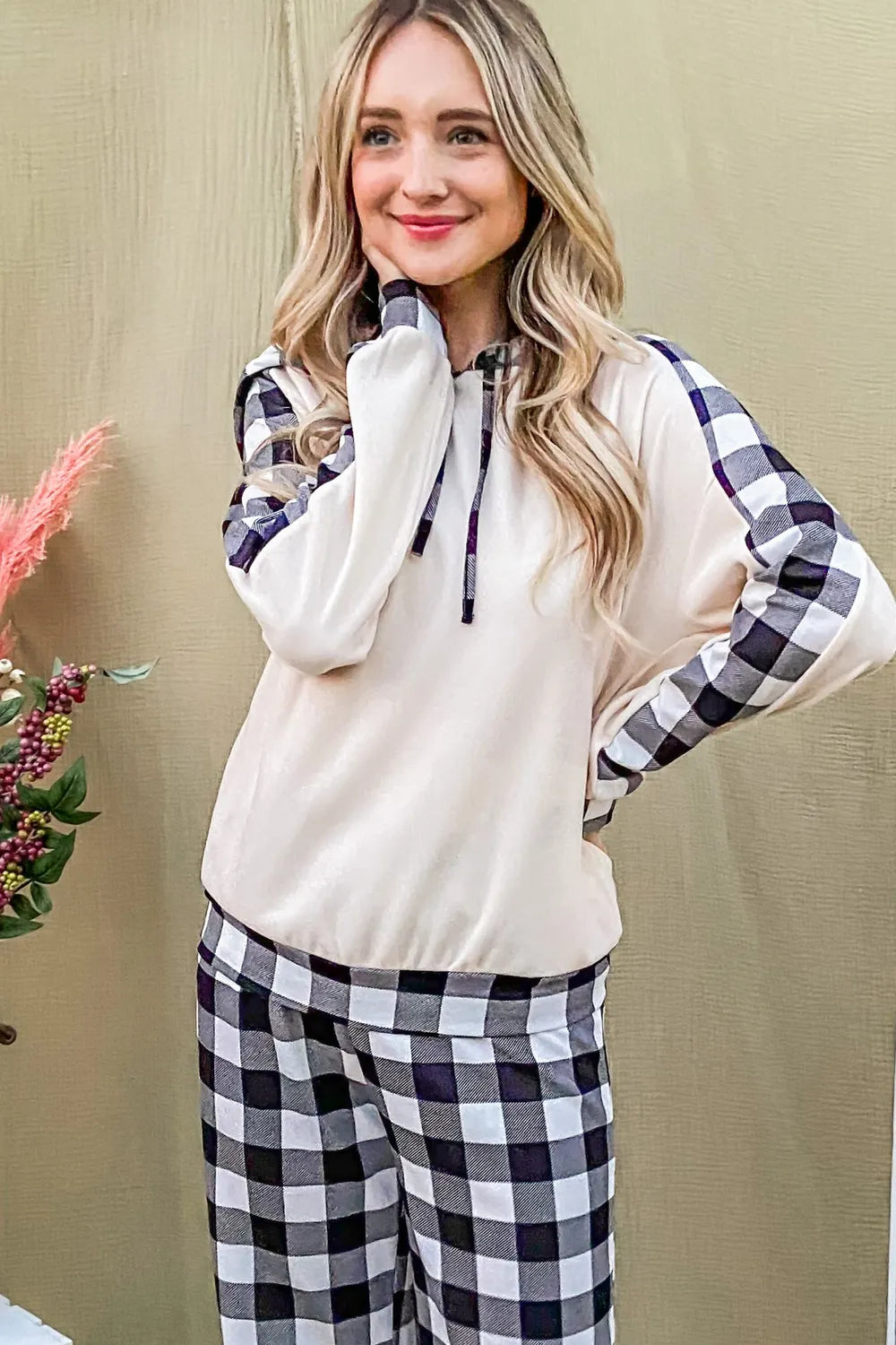 And The Why Drawstring Hooded Top and Plaid Pants Lounge Set - Ladyez