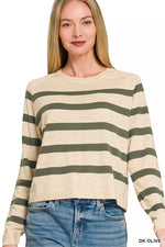 Zenana Lightweight Wool Blend Striped Round Neck Sweater