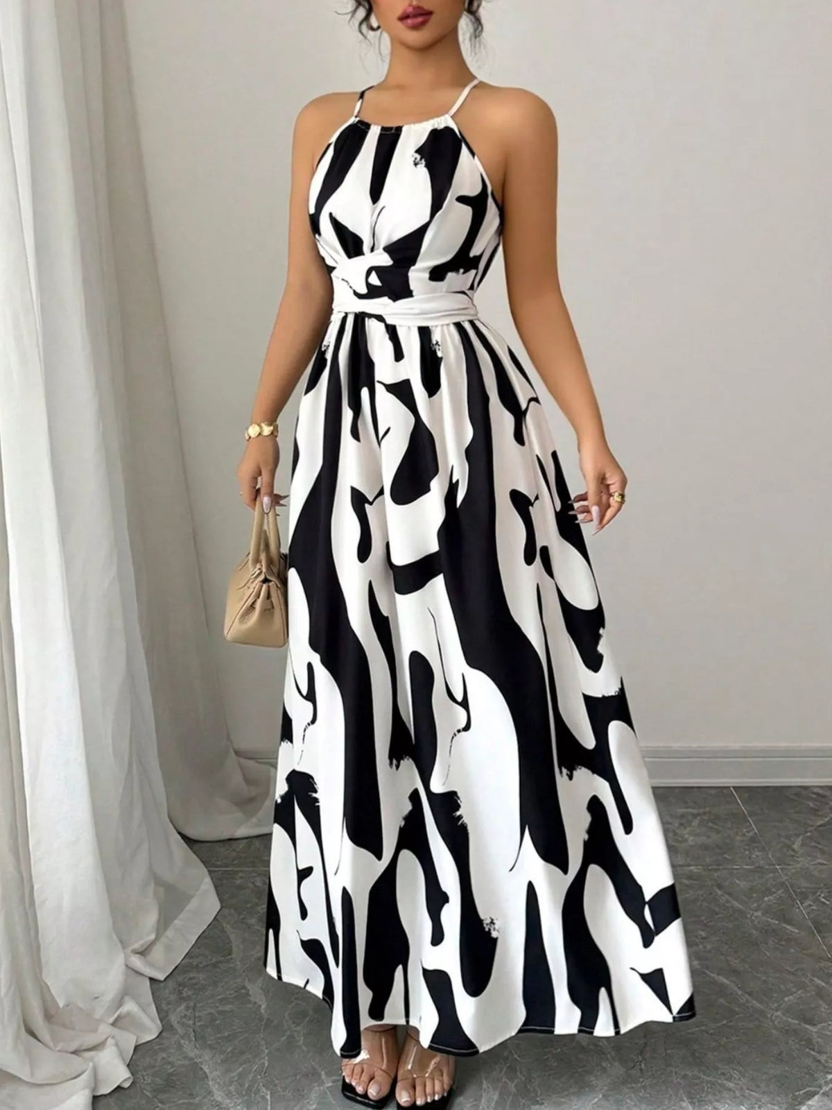 Abstract Print Halter Neck Maxi Dress