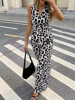 Sleeveless V-Neck Leopard Print Wide Leg Jumpsuit