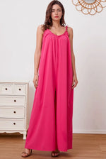 Double Take Full Size Ruffle Trim Tie Back Cami Jumpsuit with Pockets