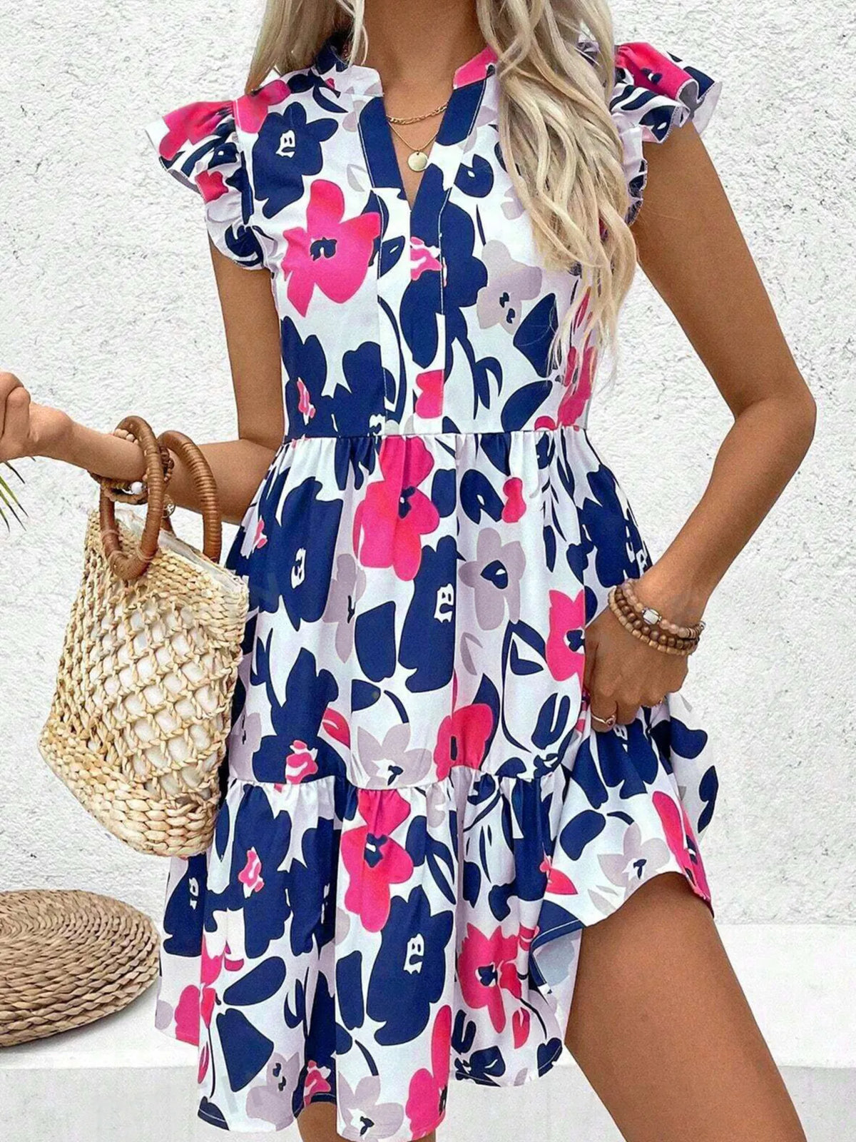 Printed Notched Neck Flutter Sleeve Mini Dress - Ladyez