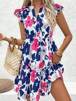 Printed Notched Neck Flutter Sleeve Mini Dress - Ladyez