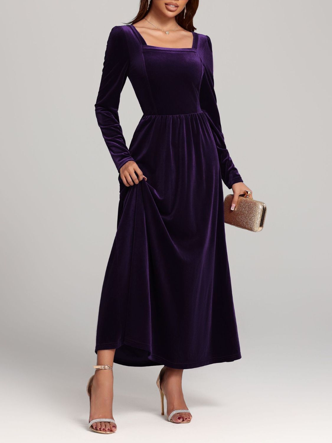 Velvet Square Neck Long Sleeve Dress - Ladyez