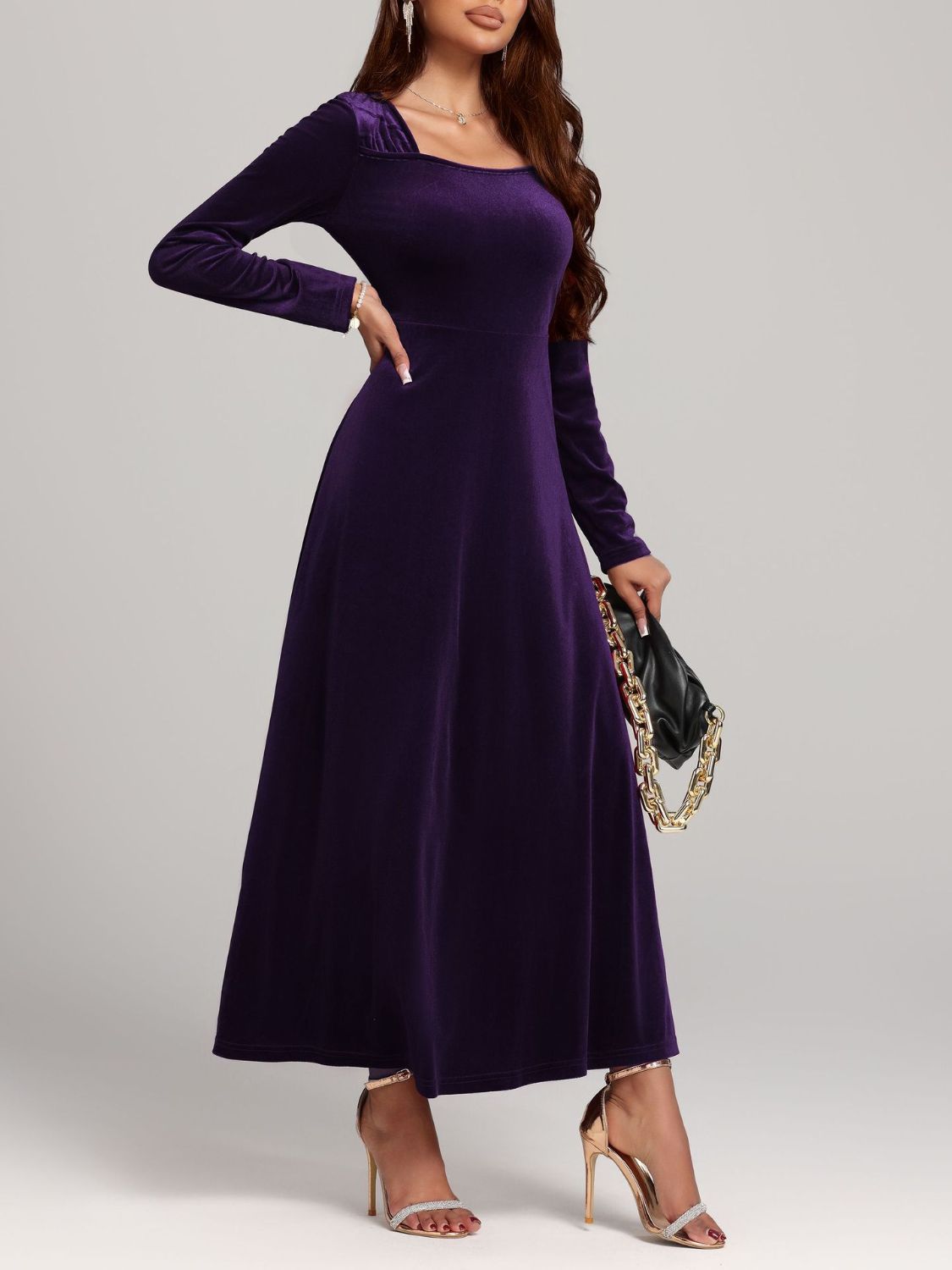 Square Neck Long Sleeve Velvet Dress - Ladyez