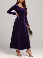 Square Neck Long Sleeve Velvet Dress - Ladyez