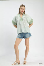 Umgee Striped Mixed Puff Sleeve Blouse