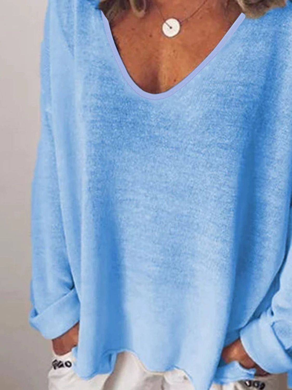Full Size V-Neck Drop Shoulder Long Sleeve T-Shirt Plus Size - Ladyez