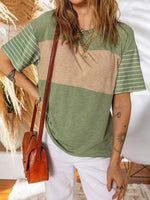 Color Block Striped Sleeve Casual T-Shirt - Ladyez