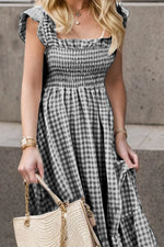 Full Size Smocked Ruffled Plaid Ruffle Hem Dress - Ladyez
