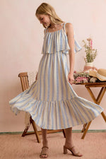 SO ME Stripe Tiered Shoulder Tie Midi Lined Dress