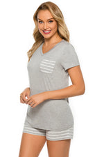 Striped Short Sleeve Top and Shorts Lounge Set - Ladyez
