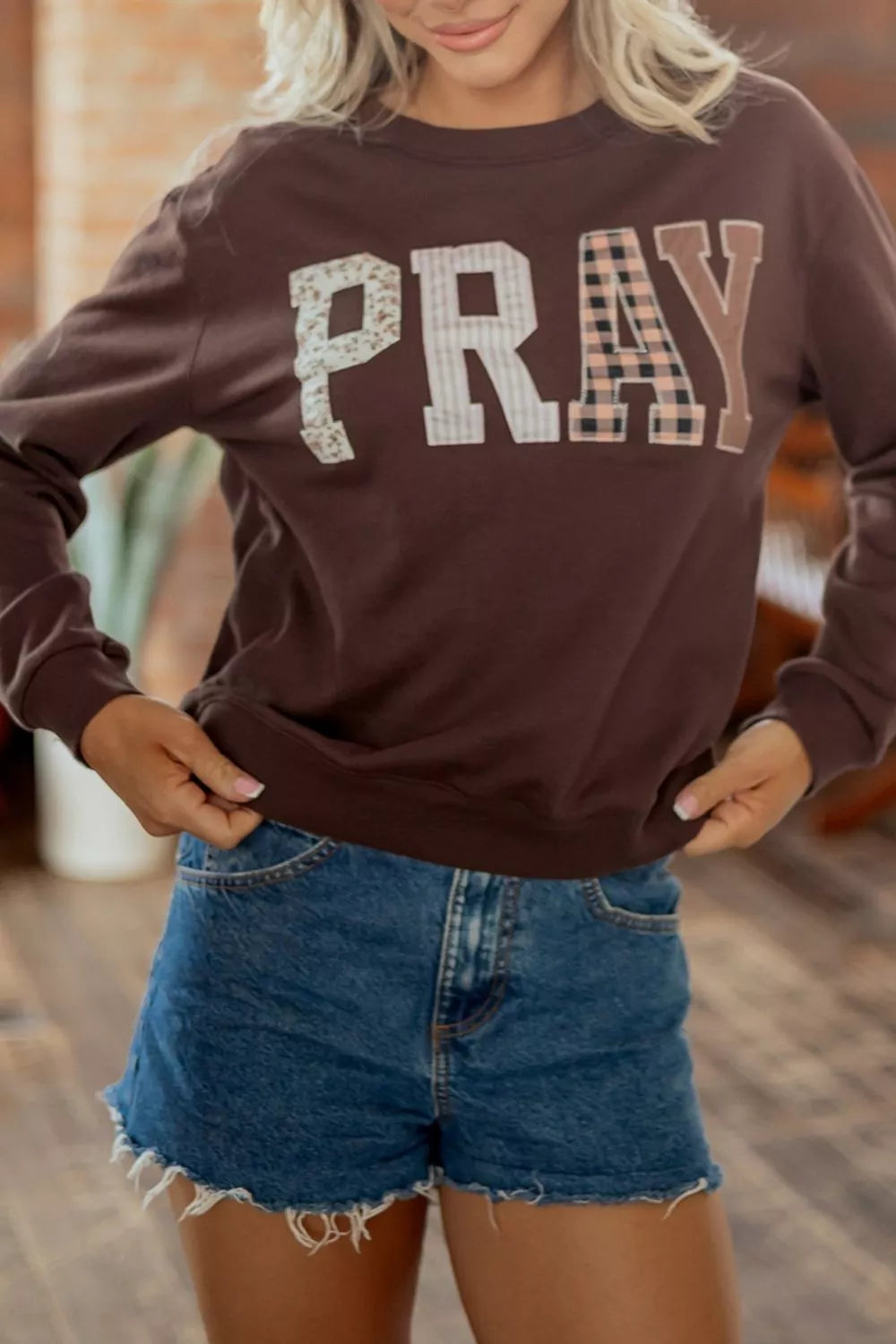 Plaid 'PRAY' Crew Neck Sweatshirt
