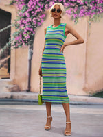 Striped Round Neck Sleeveless Midi Cover Up Dress - Ladyez