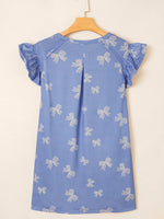 Bow Knot Print Crewneck Ruffled Sleeve Shift Mini Dress